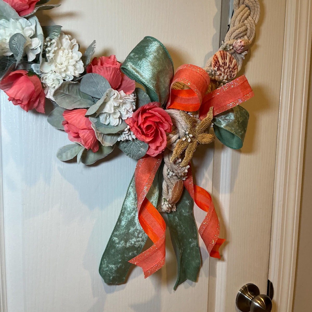 Handmade Coral Rose Coastal Wreath, Rope Nautical Beach Decor, Seashell Starfish Front Door Wreath