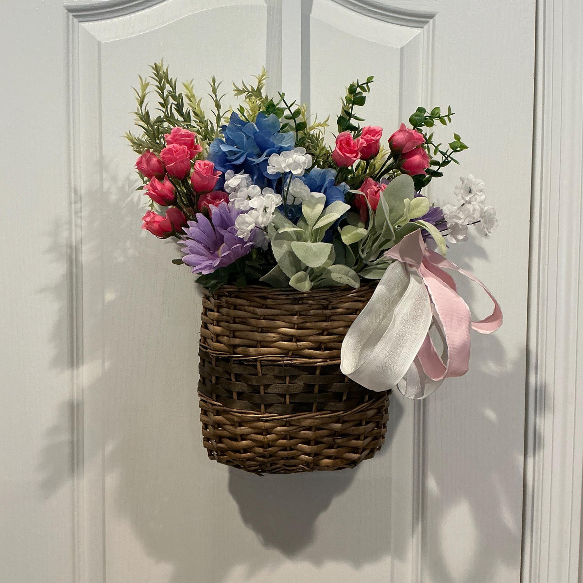 Blue Hydrangea Lavender Basket, Wicker Spring Floral Arrangement, Farmhouse Easter Mother’s Day Gift