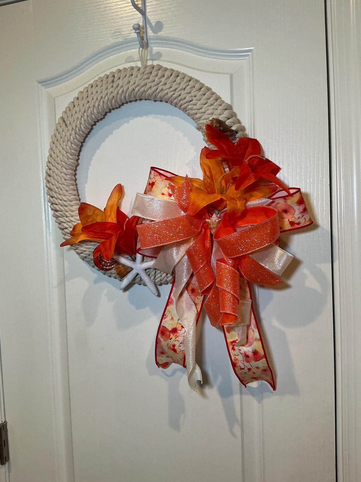 Tropical Orange Coastal Wreath, Rope Starfish Beach Decor, Seashell Nautical Front Door Wreath, Lake House Housewarming Gift, Handmade Summe