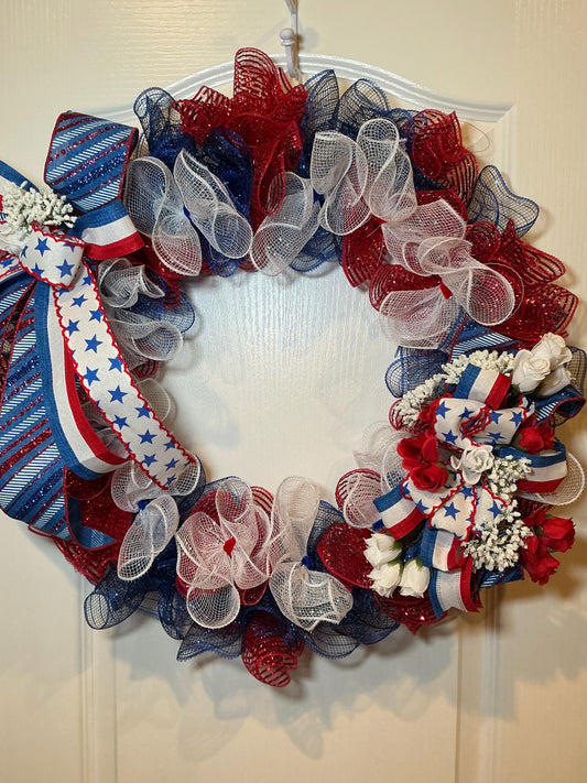 Handmade Patriotic Wreath, Red White Blue Roses, Star Bow, Front Door Decor
