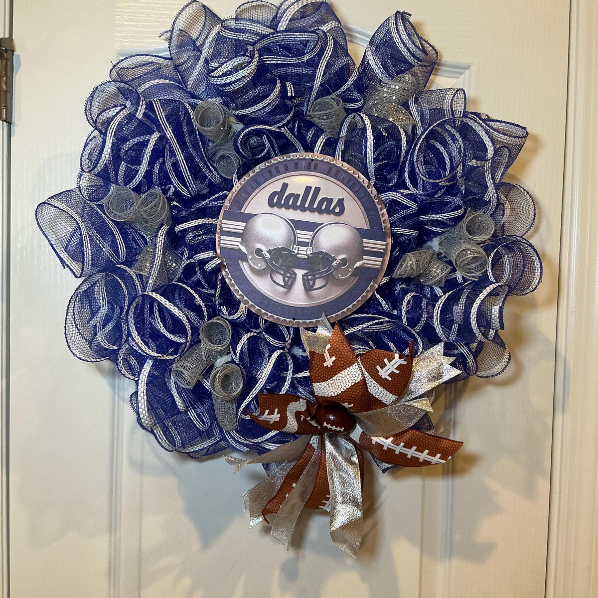 Navy Silver Star Football Wreath with Helmet Sign, Game Day Man Cave Decor