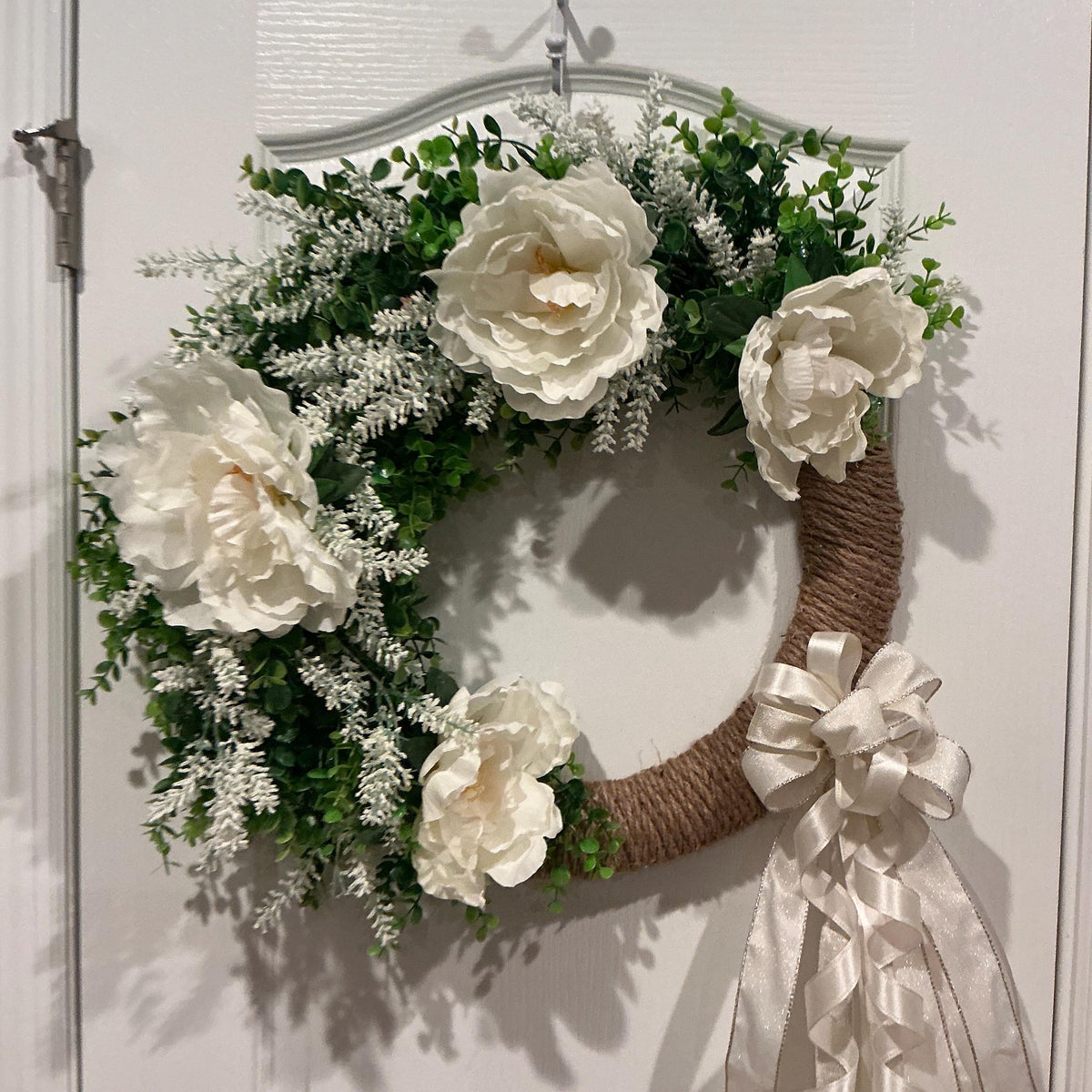 White Peony Wreath, Boxwood Ivory Bow Bridal Decor, Wedding Front Door Multi Purpose Elegance