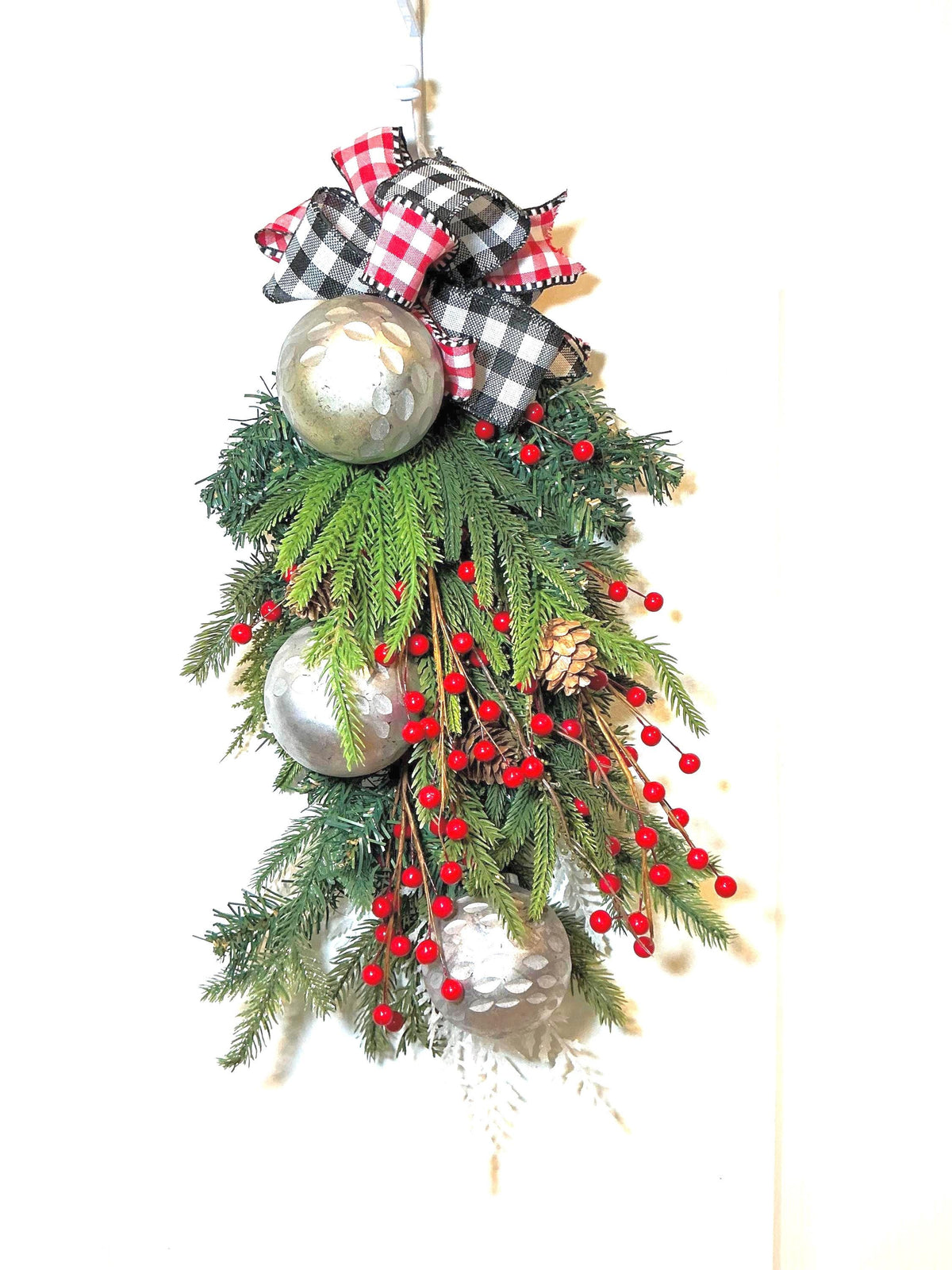 Handmade Christmas Teardrop Swag, Buffalo Check Ribbon, Pine Cones, Berries