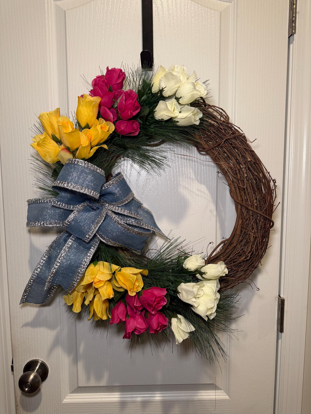 Floral Grapevine Wreath, Pink Yellow White Spring Decor, Blue Bow Farmhouse Style