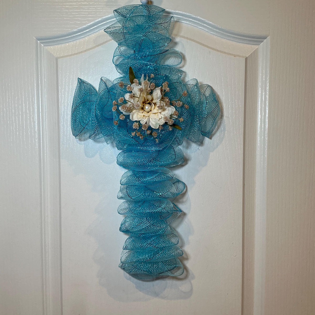 Sky Blue Cross, Ivory Floral Faith Decor, Handmade Church Door Wall Hanging