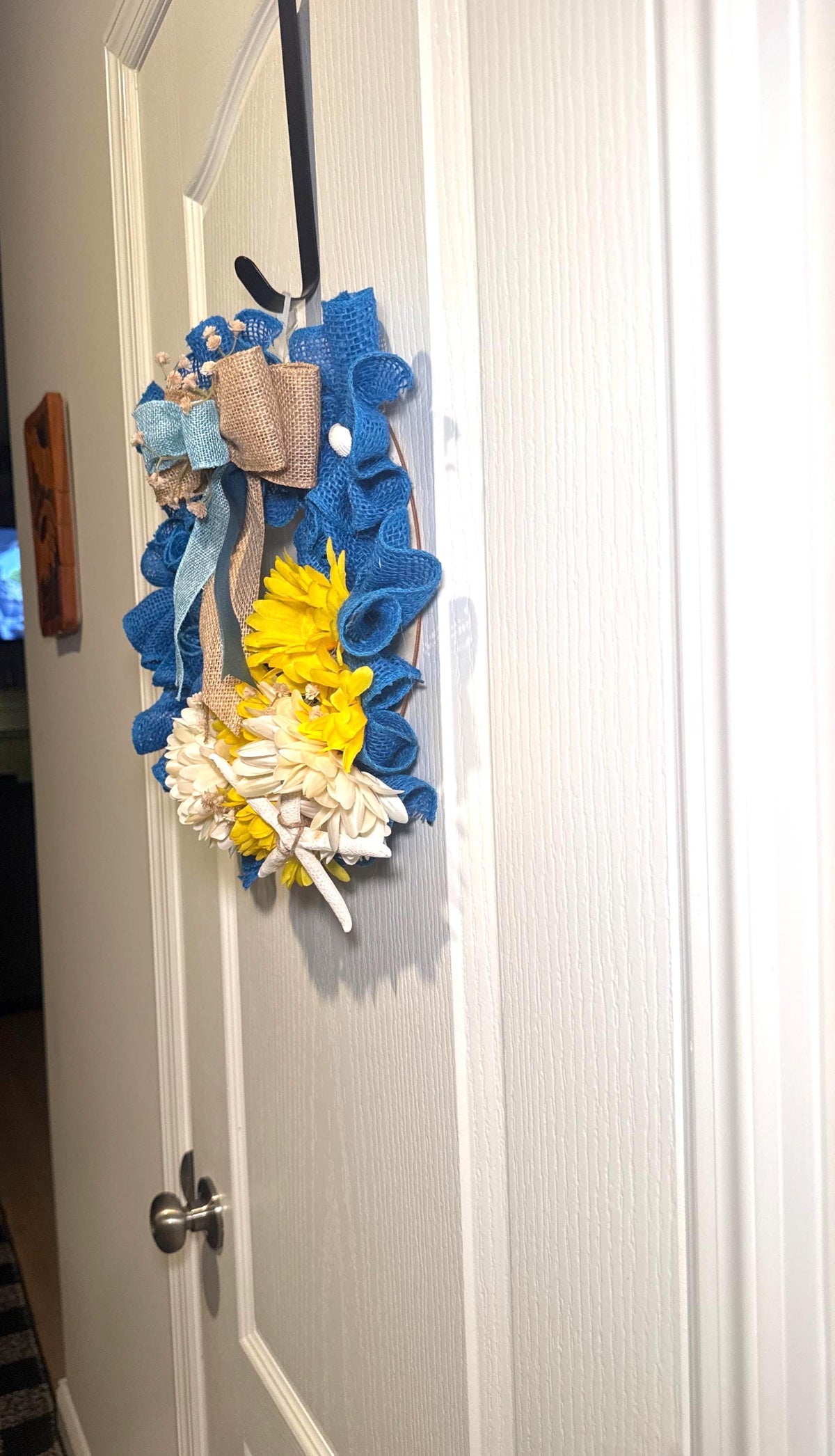 Blue Burlap Coastal Wreath, Starfish Shell Door Hanger, Nautical Beach Home Decor, Handmade  Wreath