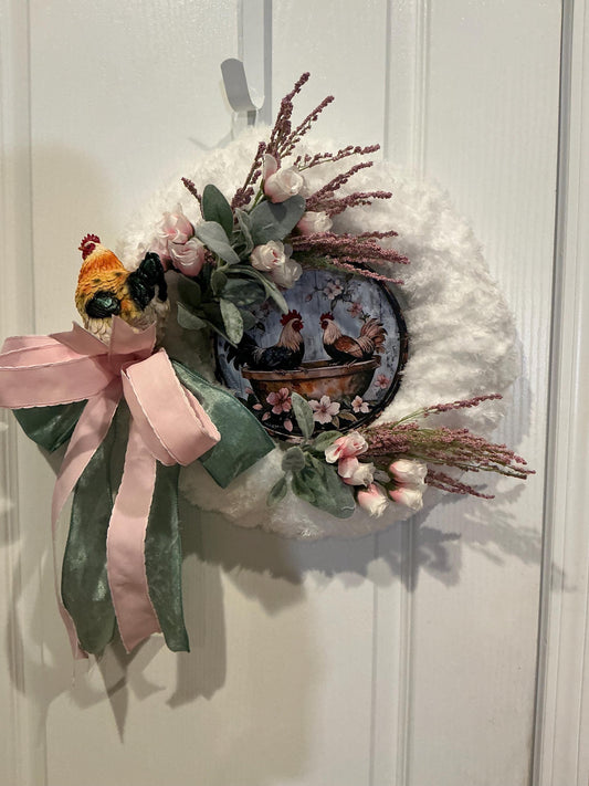 Farmhouse Rooster Wreath, Blush Pink Roses, Lambs Ear, Spring Cottage Door Decor