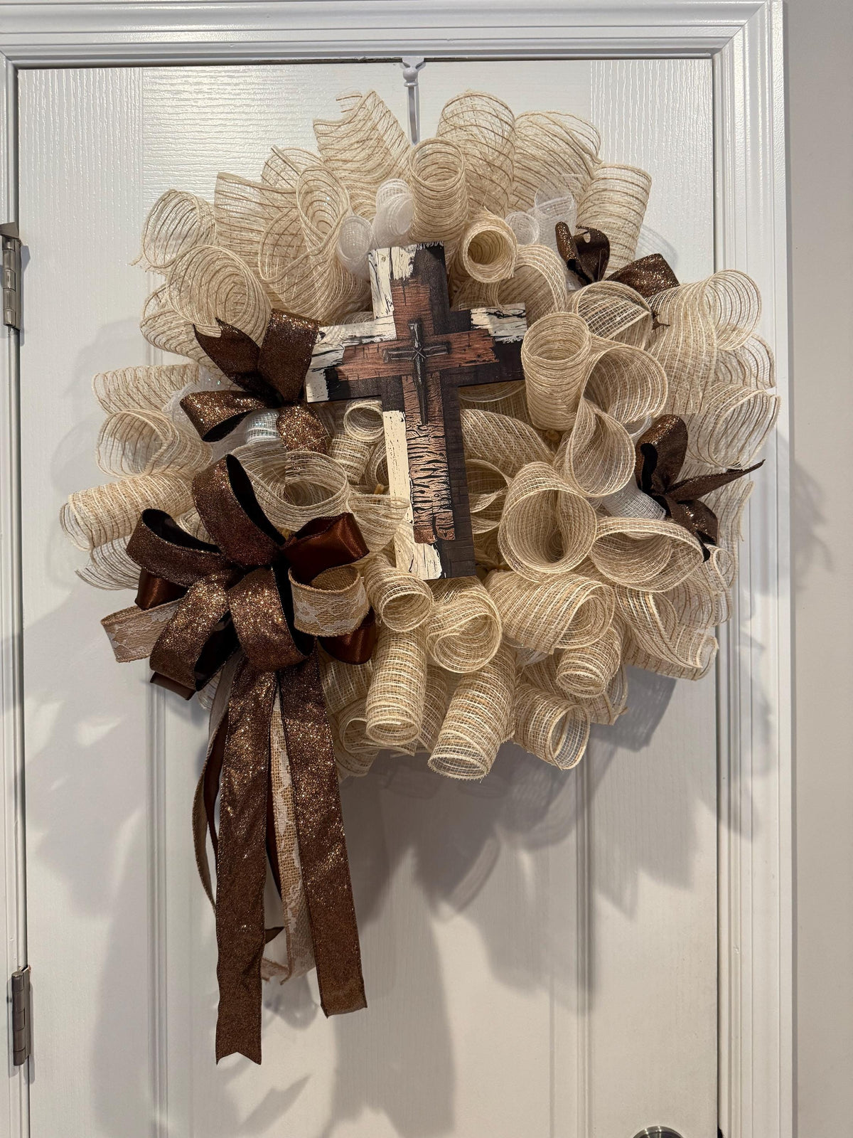 Brown Cream Cross Wreath, Rustic Farmhouse Faith Decor, Religious Christian Church Entryway Sign