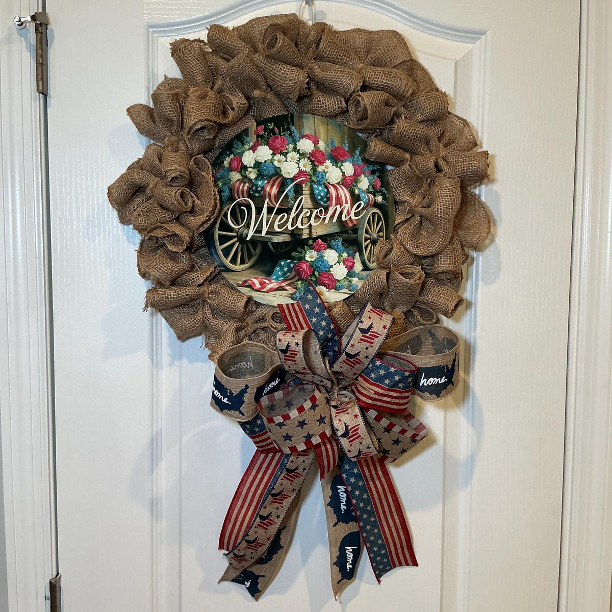 Wagon Wheel Welcome Sign Wreath, Burlap Patriotic Front Door Decor, Red White Blue Floral Rustic Fourth of July