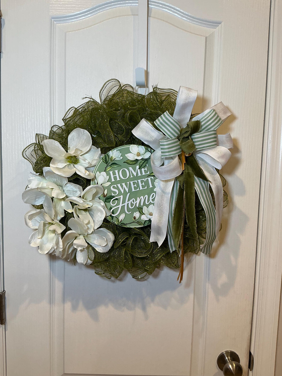 14 Inch White Magnolia Home Sweet Home Wreath, Farmhouse Front Door Decor