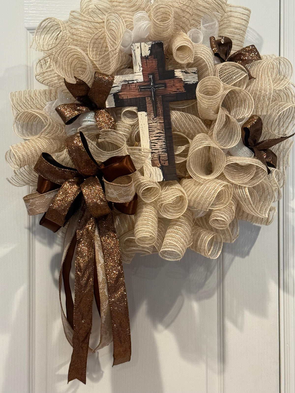 Brown Cream Cross Wreath, Rustic Farmhouse Faith Decor, Religious Christian Church Entryway Sign