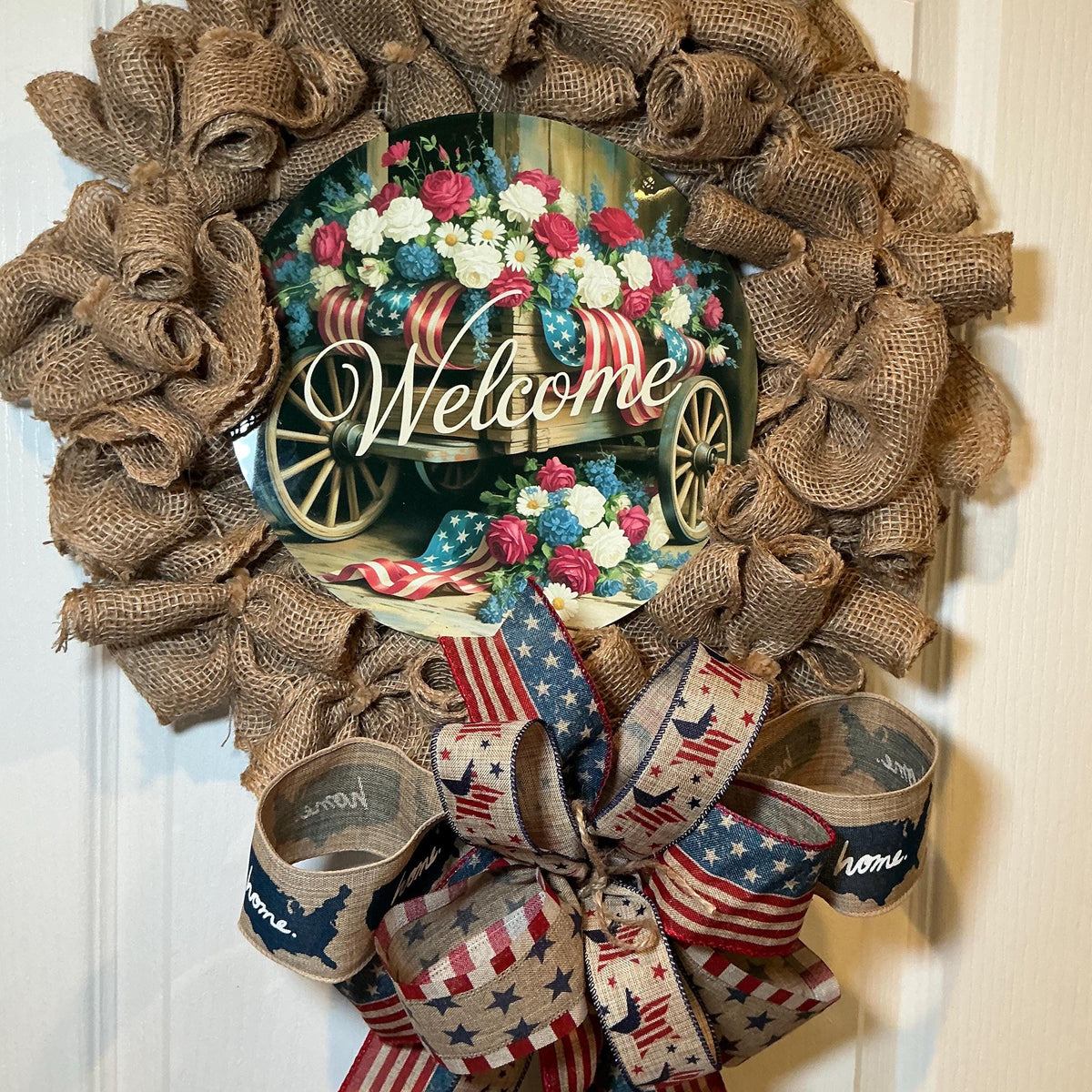 Wagon Wheel Welcome Sign Wreath, Burlap Patriotic Front Door Decor, Red White Blue Floral Rustic Fourth of July