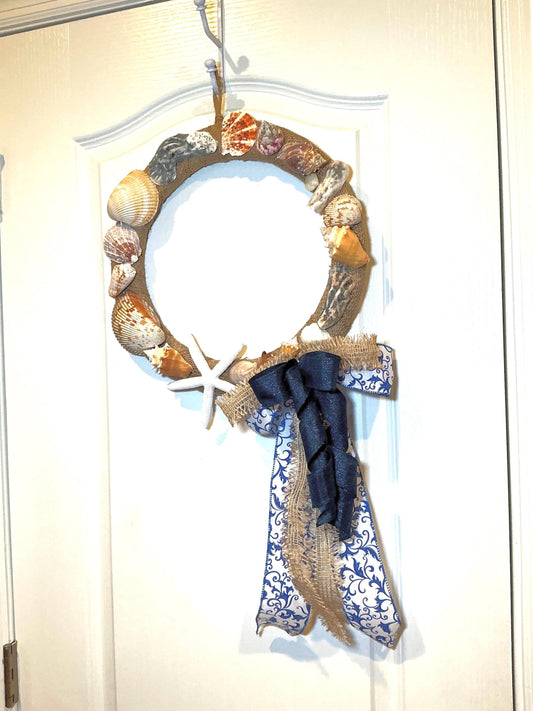 Seashell Wreath for Front Door, Coastal Beach Wreath, Nautical Home Decor, Starfish Shell Decor, Handmade  Coastal Gift