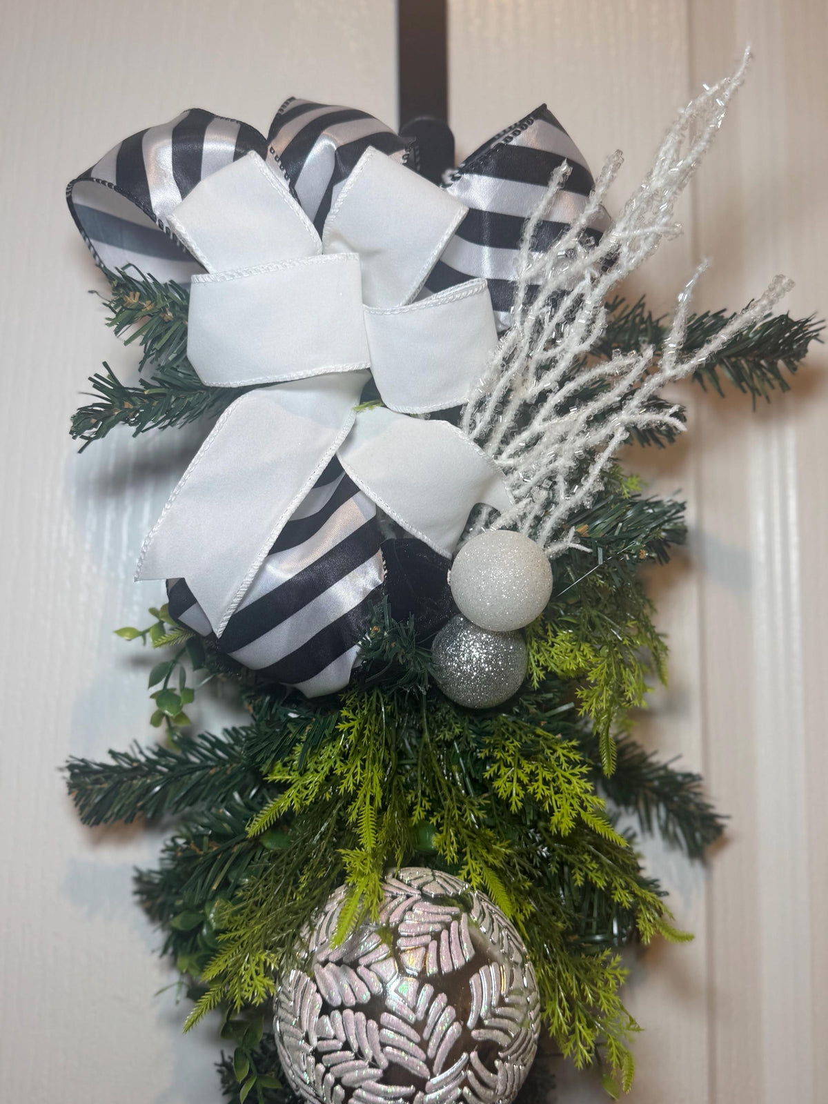 Farmhouse Front Door Swag: Evergreen Teardrop with Layered Ribbon