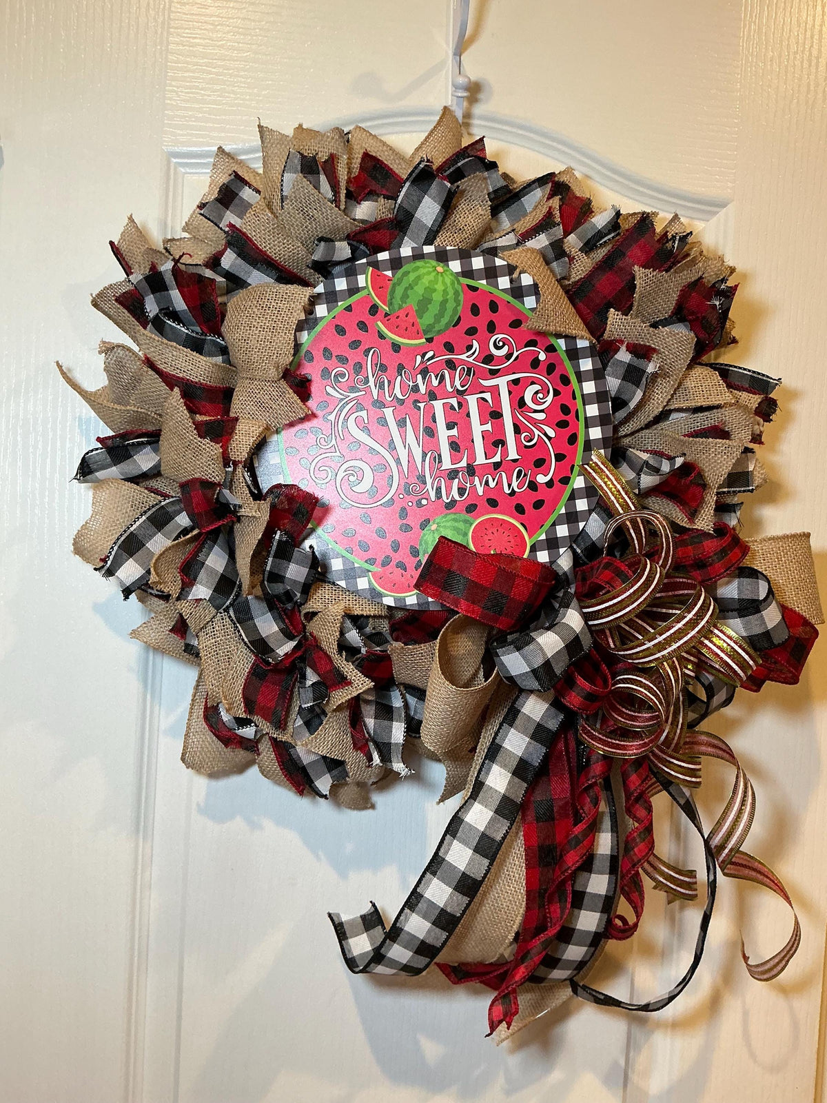 Home Sweet Home Watermelon Wreath with Burlap Buffalo Check, Summer Front Door Decor
