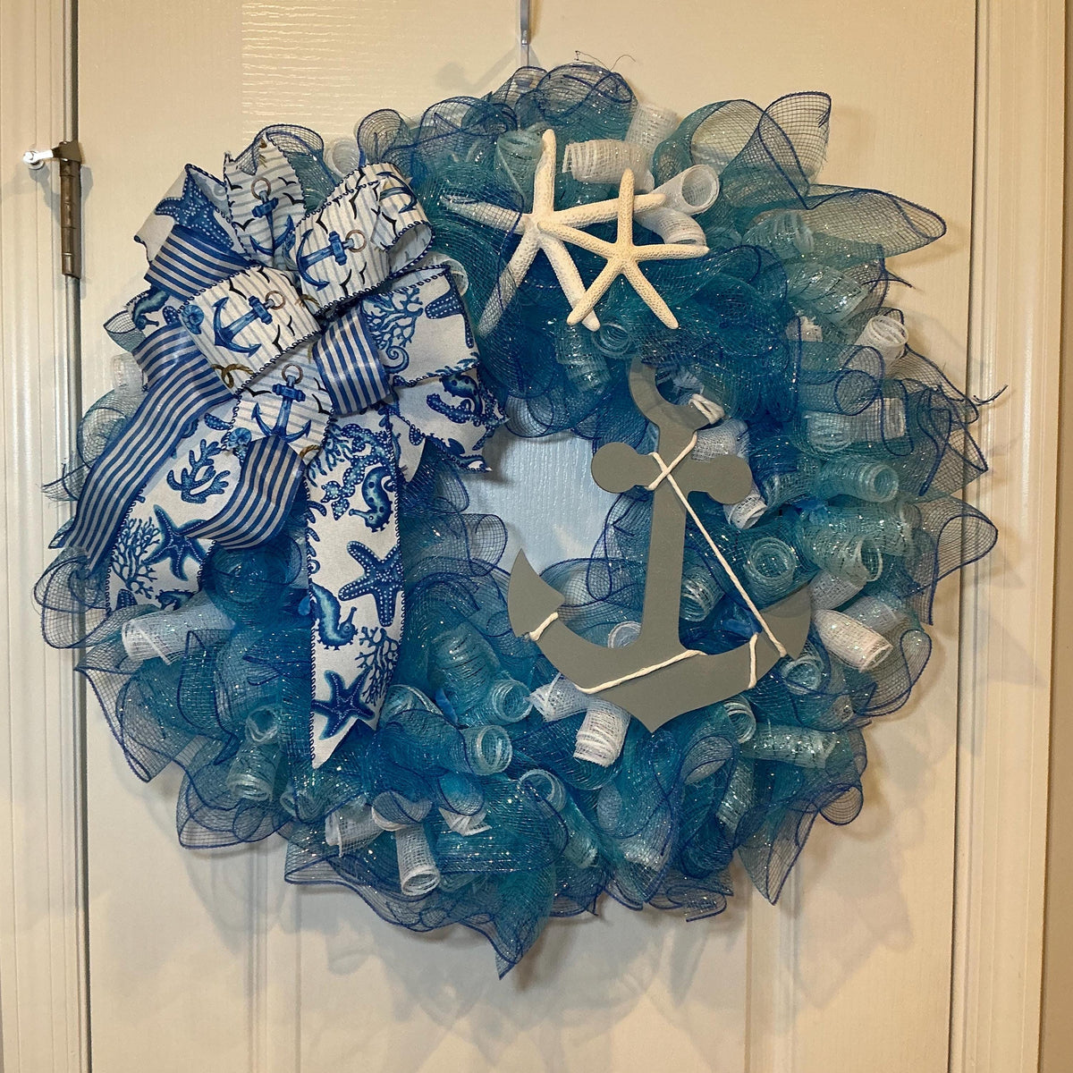 Nautical Anchor Door Wreath, Coastal Deco Mesh, Beach House Front Door Decor, Ocean Themed Porch Decor