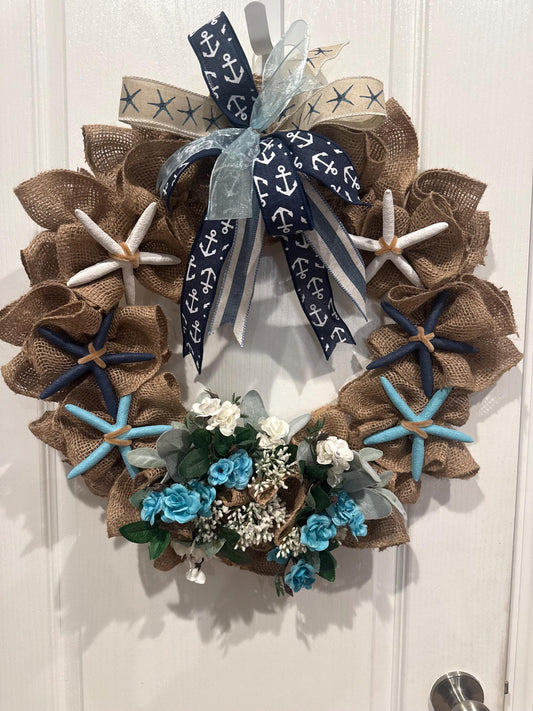 Coastal Starfish Anchor Wreath with Navy Turquoise Roses and Burlap, Lake House Door Decor
