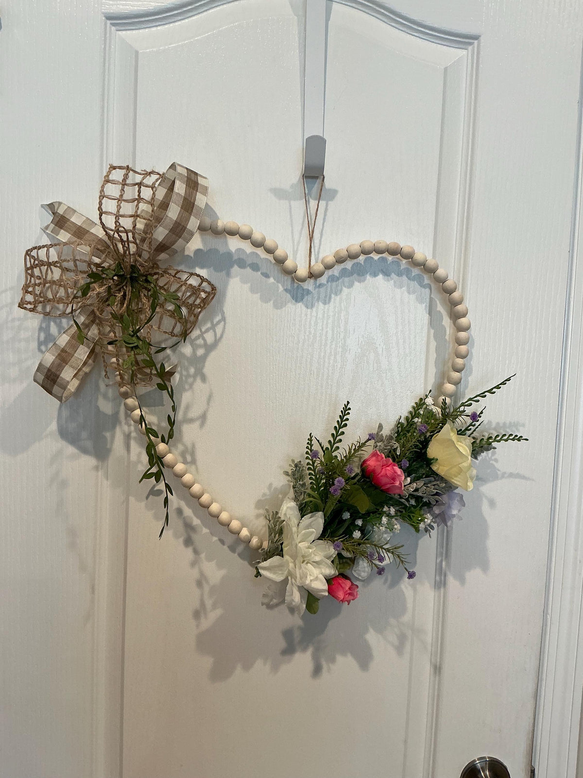 Handmade Heart Wreath, Wood Beads, Pastel Florals, Buffalo Plaid Bow, Farmhouse Door Hanger