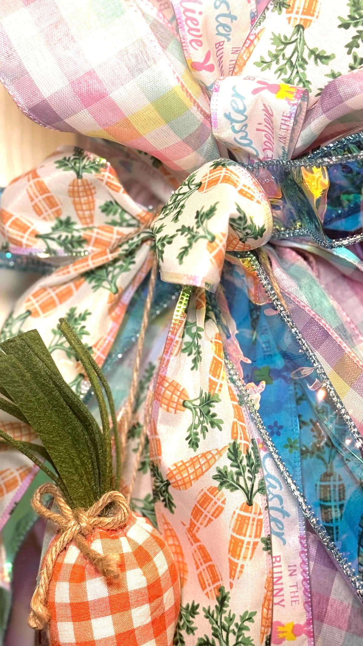 Pastel Easter Bunny Wreath, Gingham Carrot, Spring Door Decor