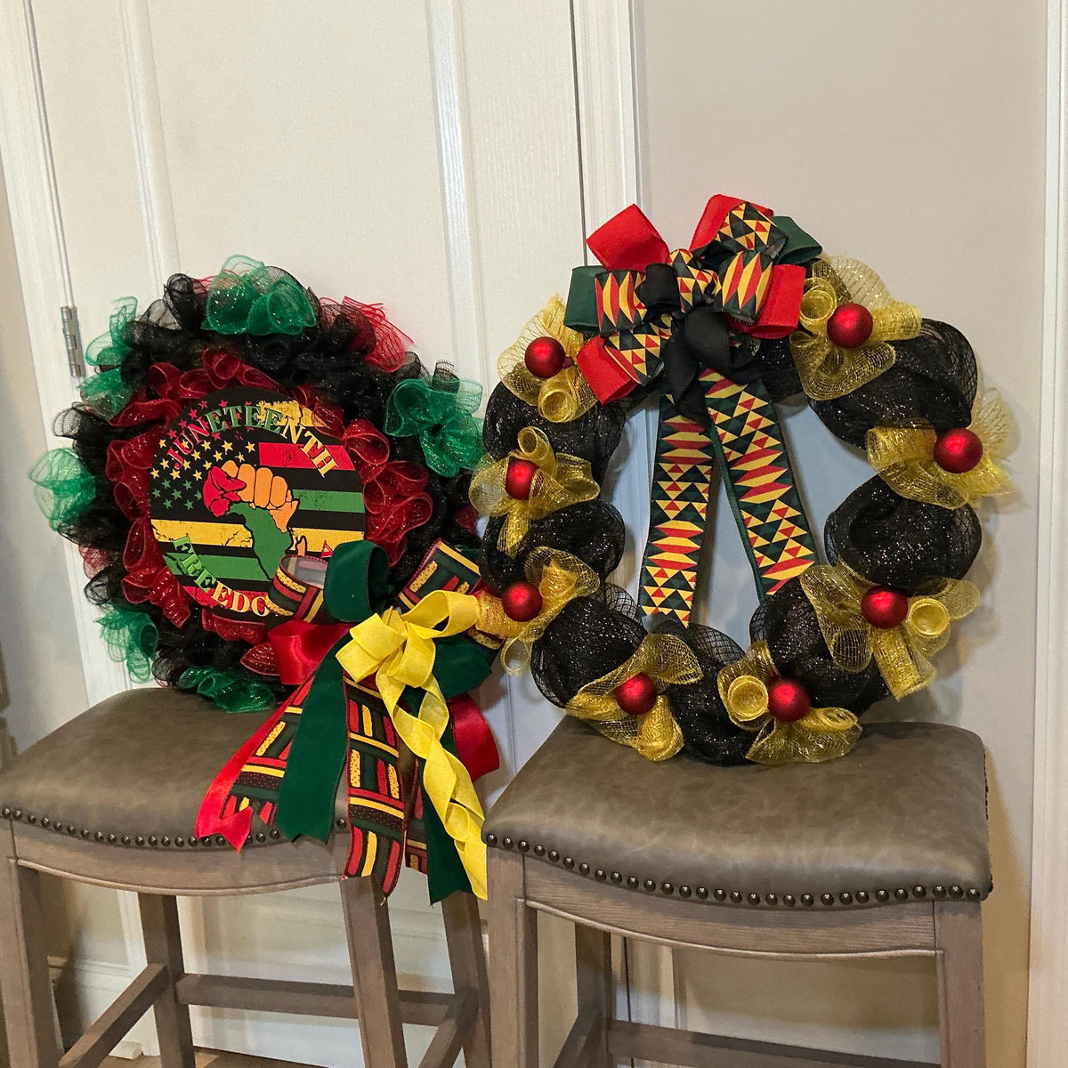Juneteenth Bundle Set of 2, Freedom Day Sign Wreath and Kente Gold Wreath, Pan African Decor, Handmade Gift