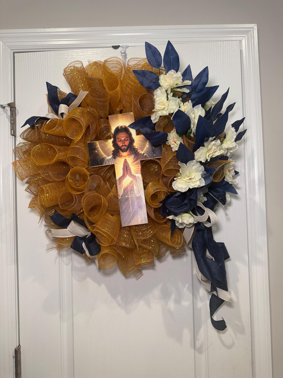 Sacred Heart of Jesus Wreath, Gold Mesh Cross Wreath, Navy Blue Religious Front Door Decor, Christian Faith Wreath, Catholic Gift Wreath