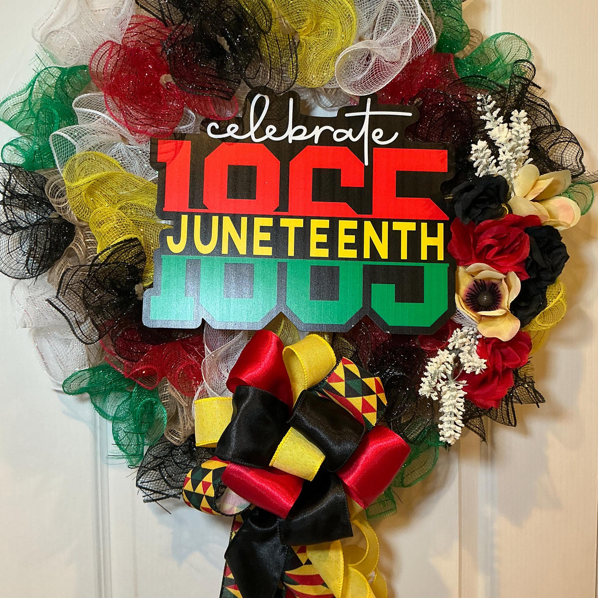 Celebrate 1865 Juneteenth Wreath, Black Red Green African American Decor, Handmade Juneteenth Gift