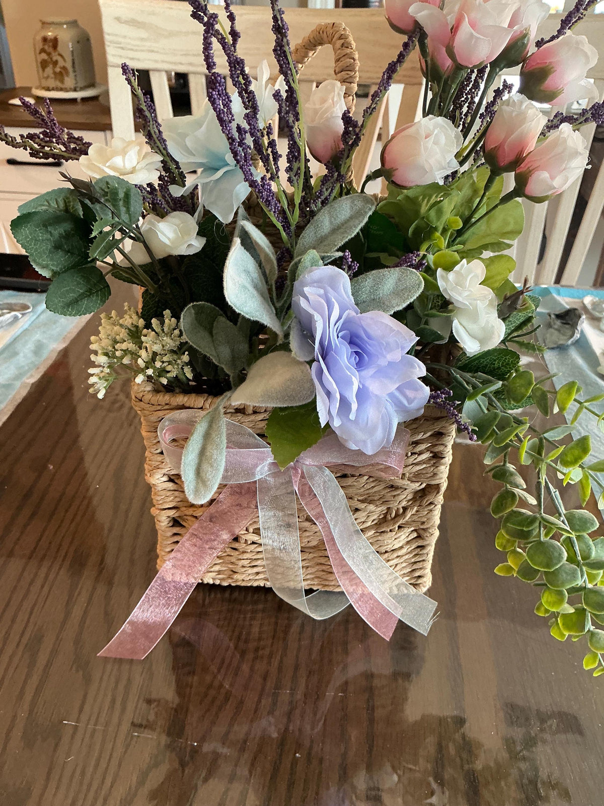 Pink Rose Lavender Centerpiece, Wicker Basket Floral Arrangement, Periwinkle Hydrangea, Farmhouse Table Decor