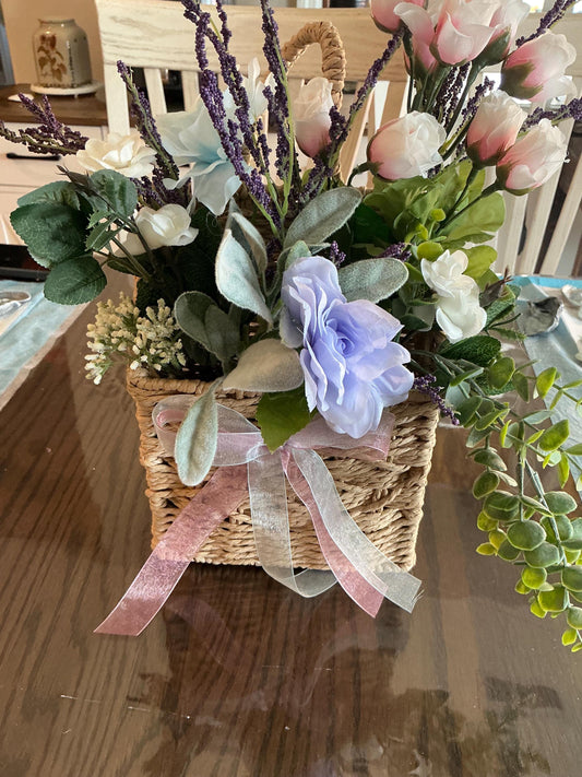 Pink Rose Lavender Centerpiece, Wicker Basket Floral Arrangement, Periwinkle Hydrangea, Farmhouse Table Decor