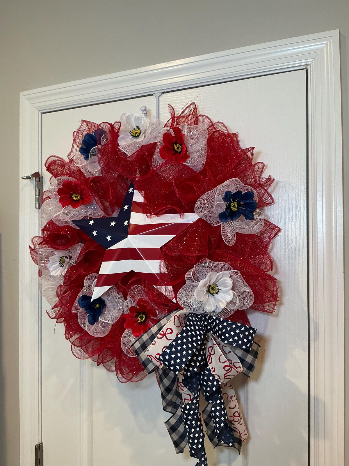 Red White Blue Star Wreath, Fourth of July Front Door Decor, American Flag Deco Wreath, Patriotic Star Sign, Handmade NC