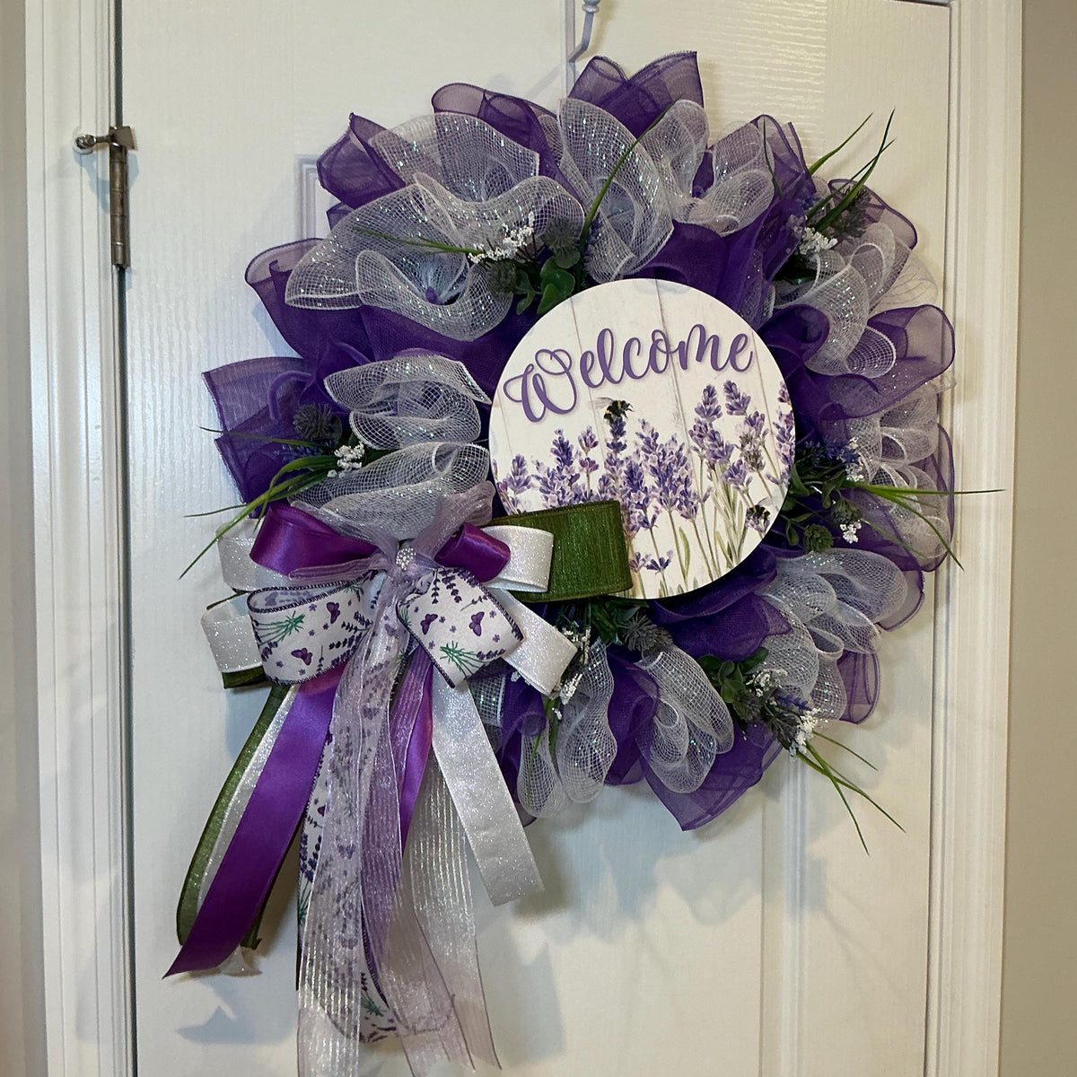 Lavender Wreath, Purple Bee Garden Decor, Designer Pearl Bow, Spring Front Door Wreath