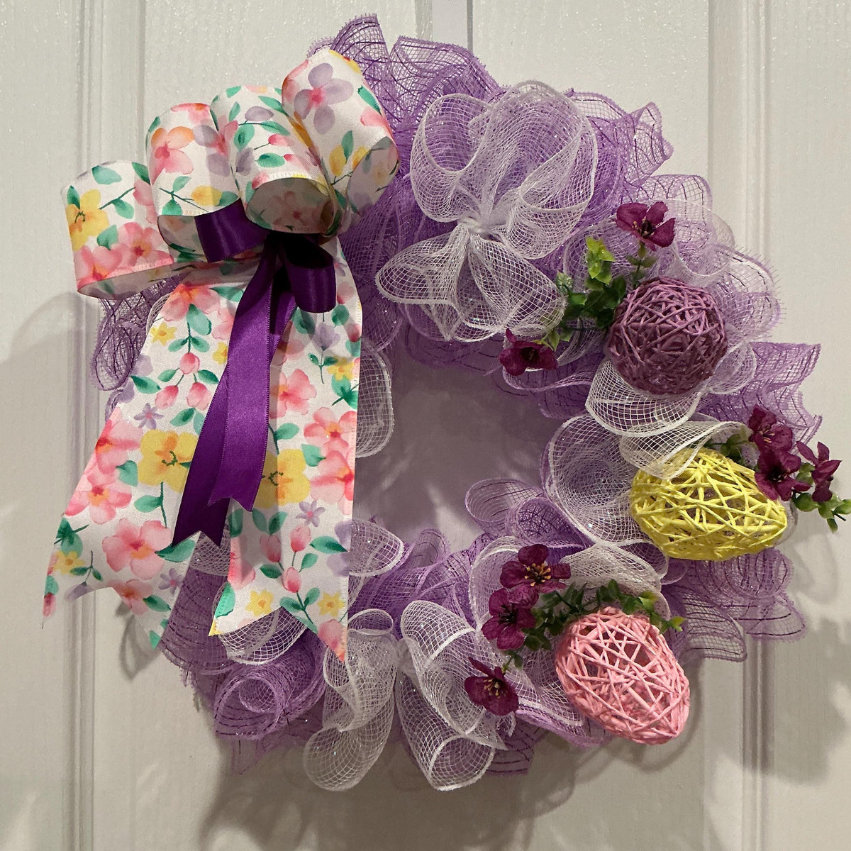 Purple Easter Wreath, Floral Bow, Spring Door Decor, 14 inch