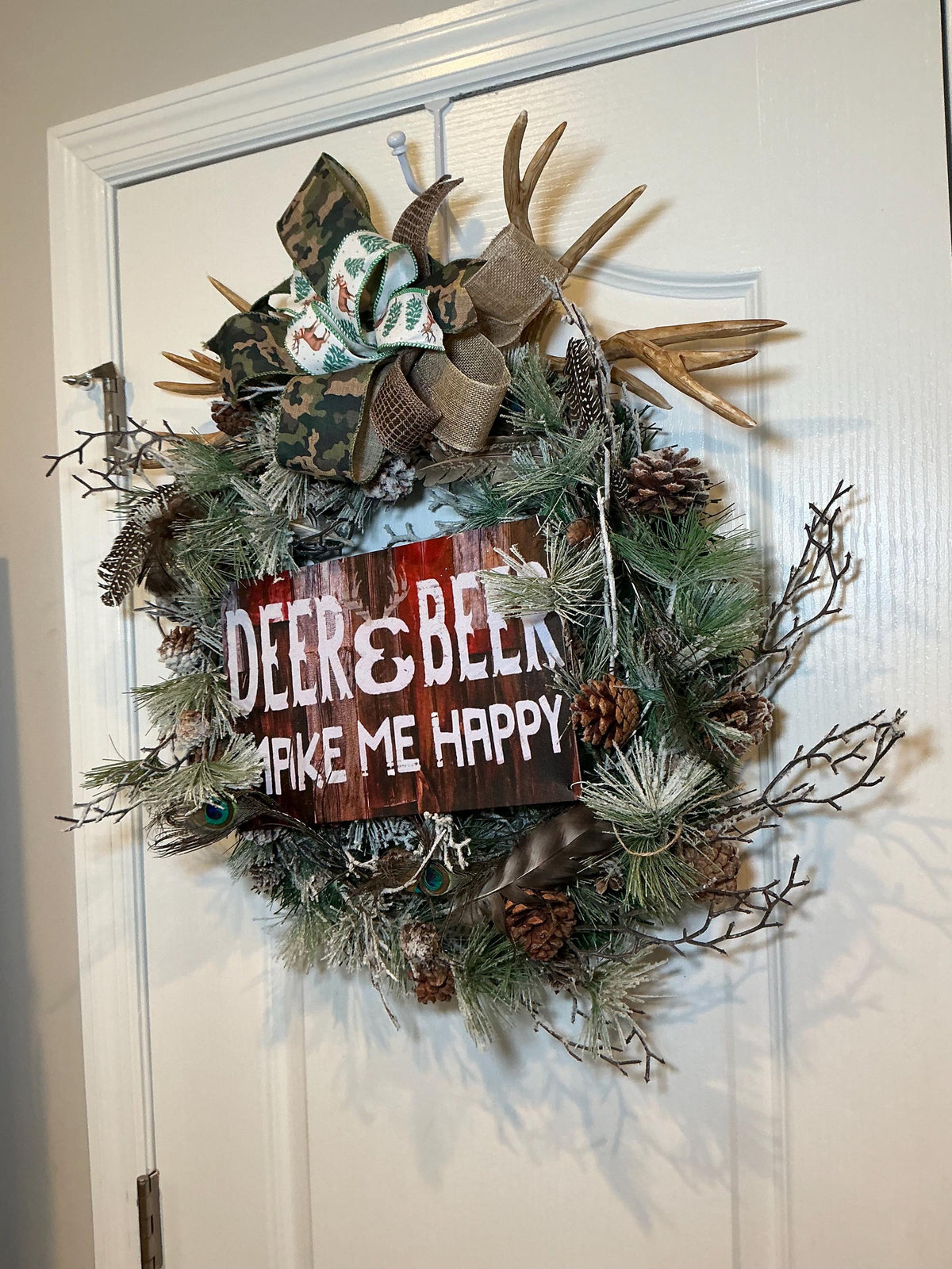 Deer and Beer Camo Wreath with Antlers, Hunter Man Cave Decor, Fathers Day Gift