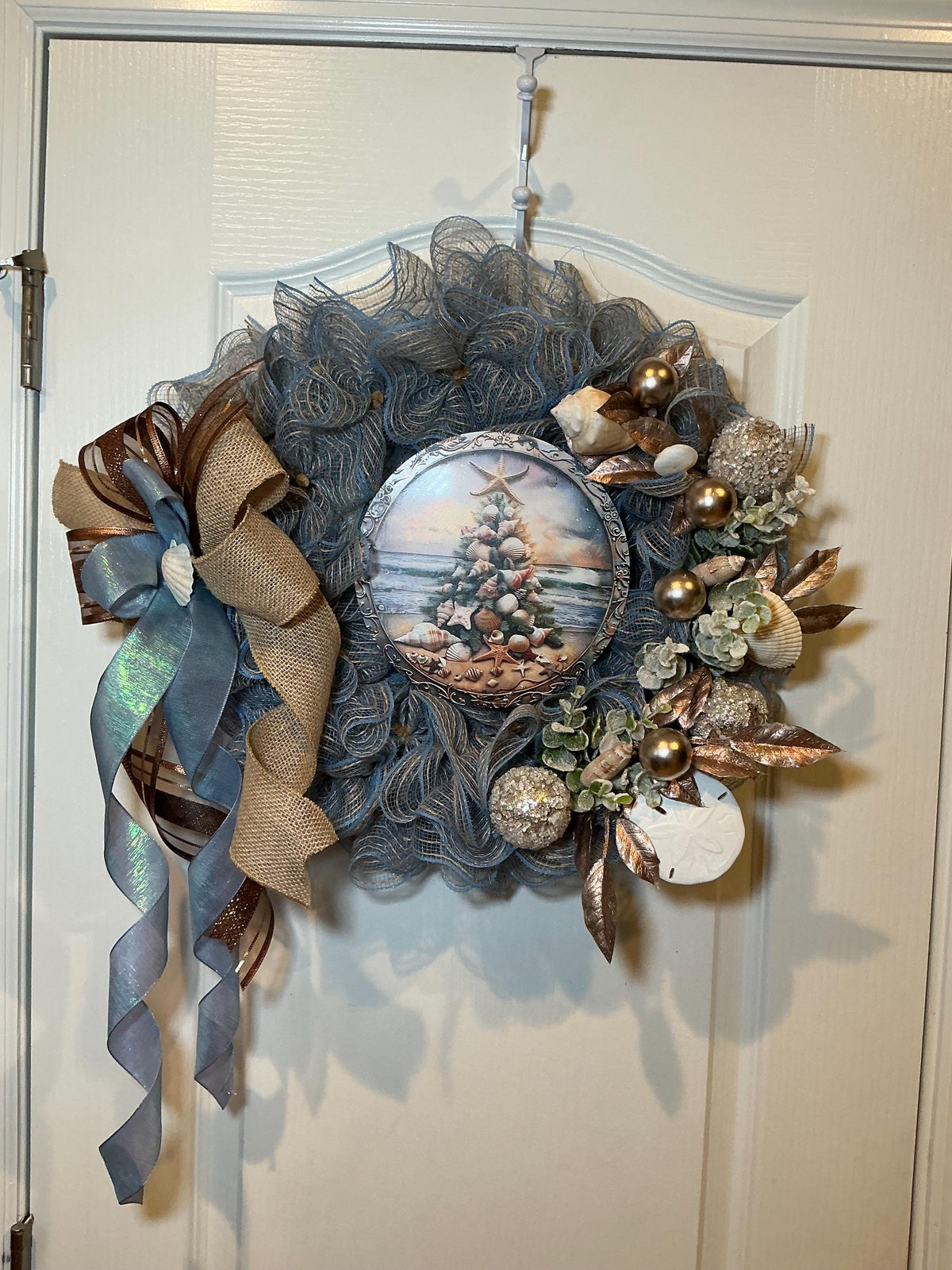 14 Inch Coastal Christmas Wreath with Nautical Seashell Tree, Blue Gold Beach Decor