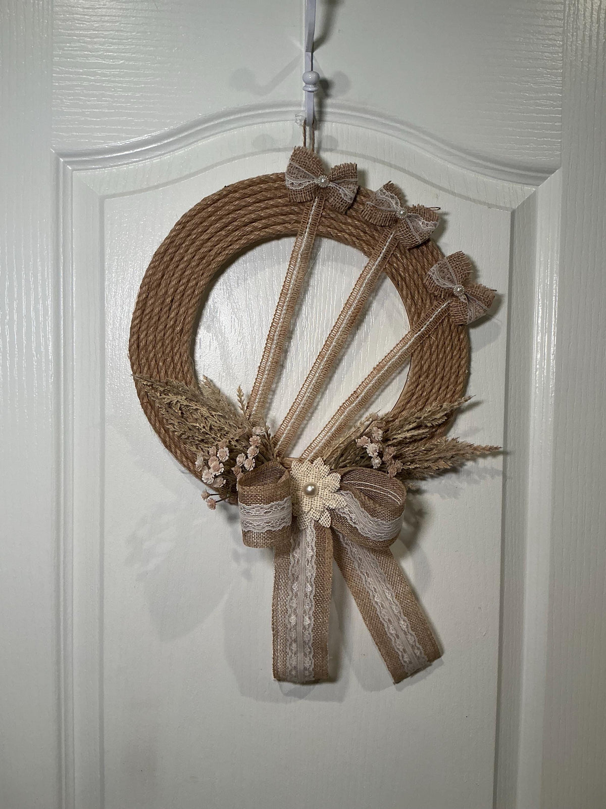 Farmhouse Rope Wreath with Burlap Lace Bow, Dried Wheat and Pearl Accent