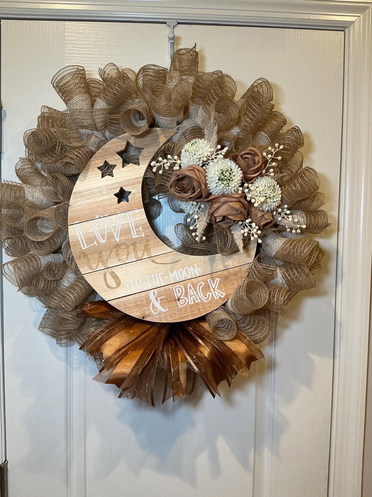 Love You to the Moon Wreath, Farmhouse Front Door Wreath, Burlap Wreath, Caramel Rose Wreath, Wood Moon Sign, Romantic Home Decor