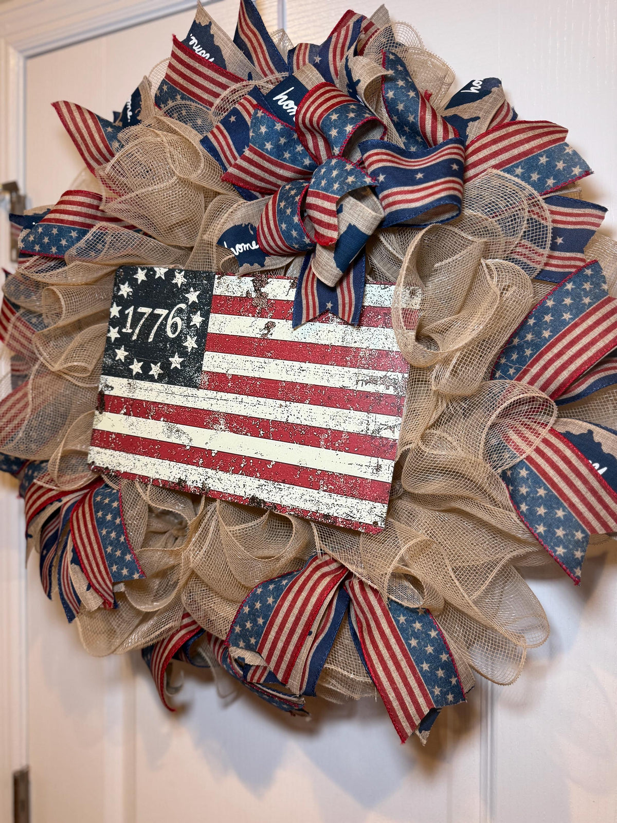 Betsy Ross Flag Wreath, Burlap Front Door Decor, Fourth of July Red White Blue, Memorial Day, Rustic Farmhouse Decor, Handmade NC