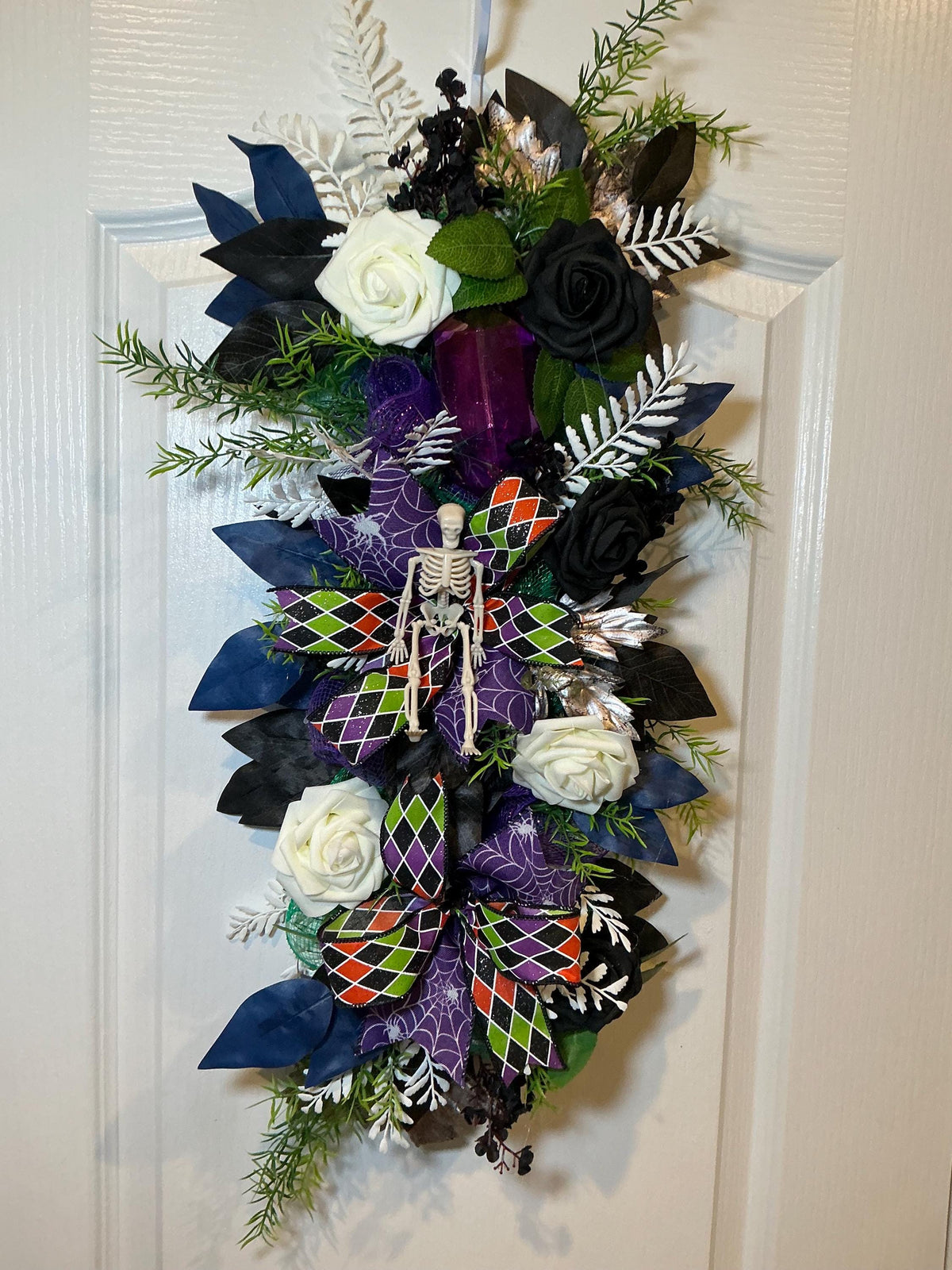 Gothic Halloween Floral Swag, Black Ivory Roses with Skeleton Spiderweb Bow