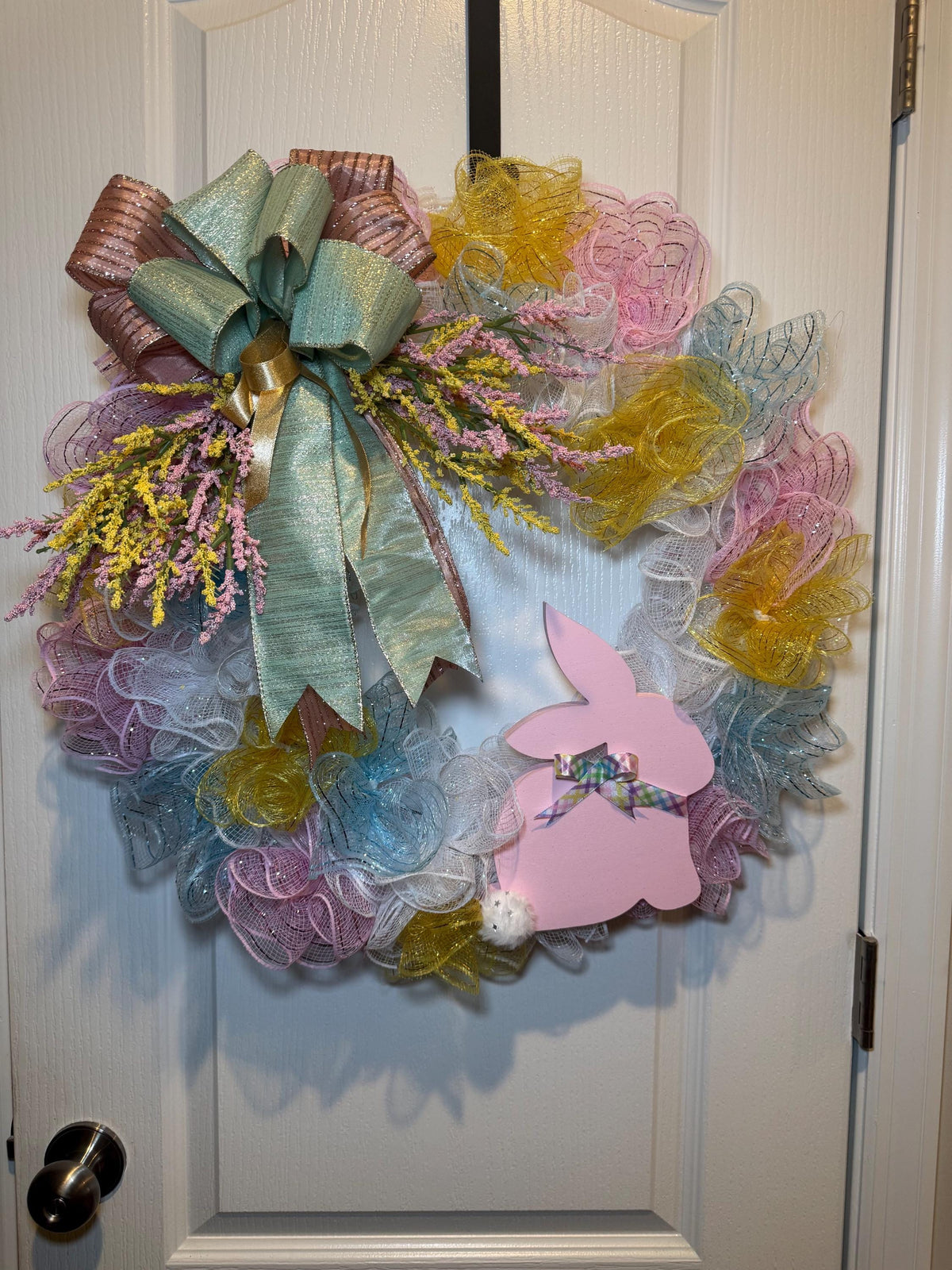 Pastel Easter Bunny Mesh Wreath ,Pastel Spring Front Door Decor, Farmhouse Easter Door Hanger