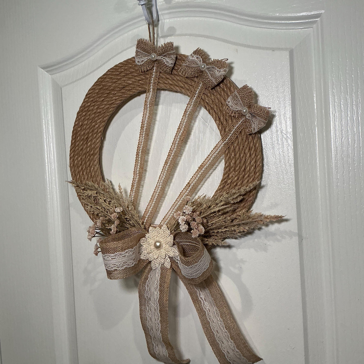 Farmhouse Rope Wreath with Burlap Lace Bow, Dried Wheat and Pearl Accent