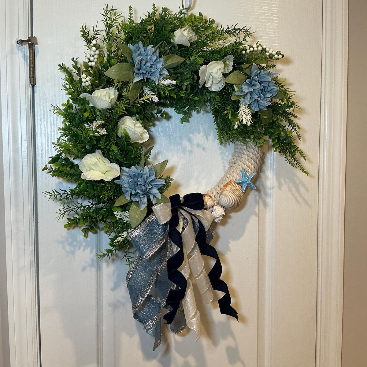 Blue Dahlia White Rose Coastal Wreath, Seashell Starfish, Navy Bow, Rope Base, 16 Inch Front Door Decor, Handmade