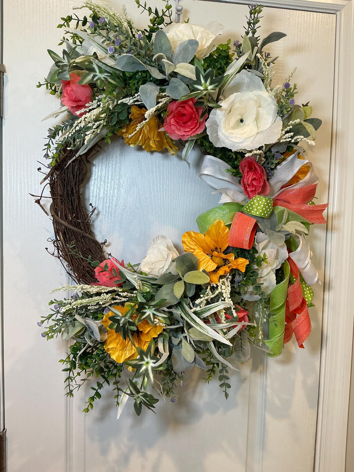 Grapevine Wreath, Coral Rose Sunflower Front Door Decor, Farmhouse Housewarming Gift, Mothers Day Wreath
