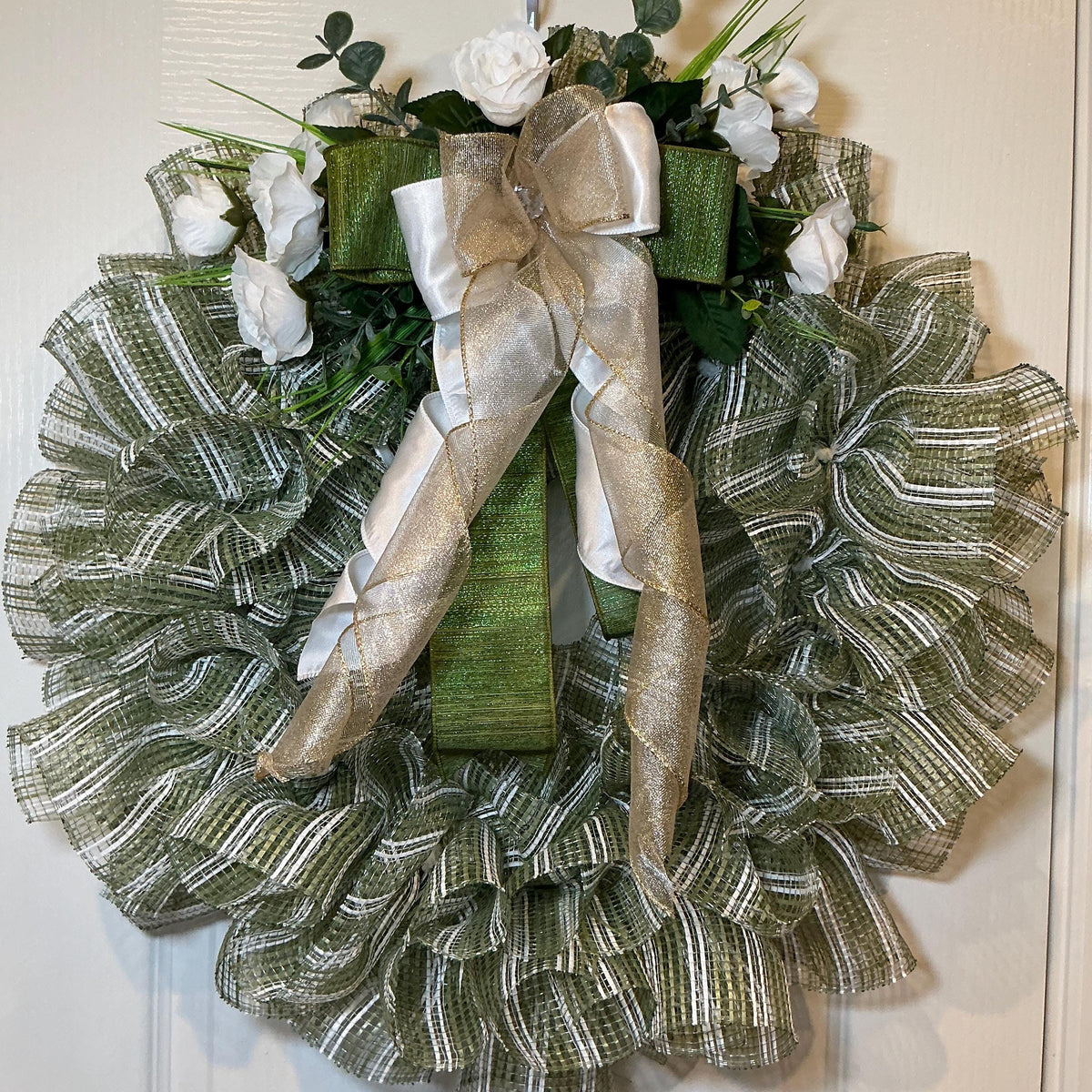 Sage Green Wreath with White Roses, Ivory Gold Bow, Farmhouse Decor