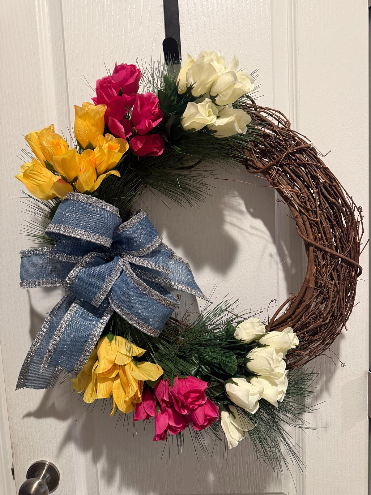 Floral Grapevine Wreath, Pink Yellow White Spring Decor, Blue Bow Farmhouse Style