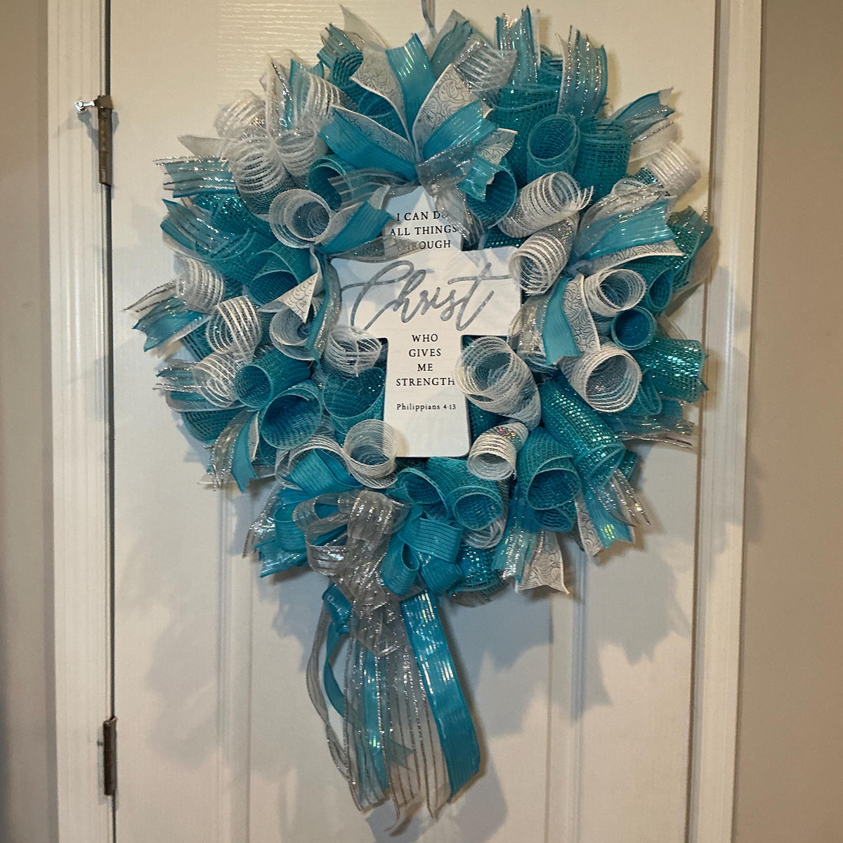 Philippians 4:13 Cross Wreath, Teal Silver Faith Scripture Decor, Christian Church Gift