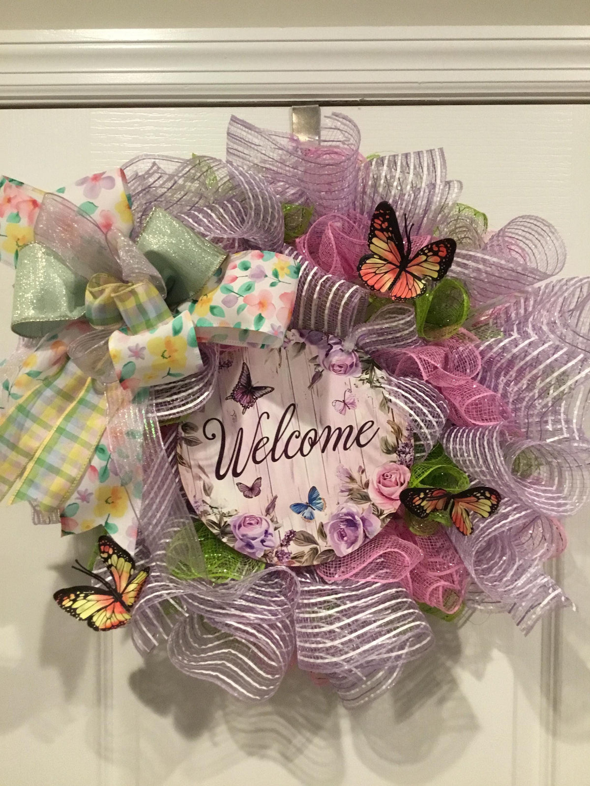 Spring Butterfly Wreath, Pink Green Purple Stripes, Mother's Day Decor
