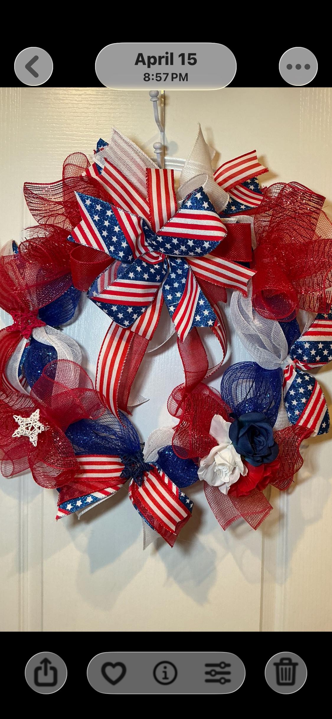 Red White Blue Flag Bow Rose Wreath, Stars and Stripes Americana Door Decor