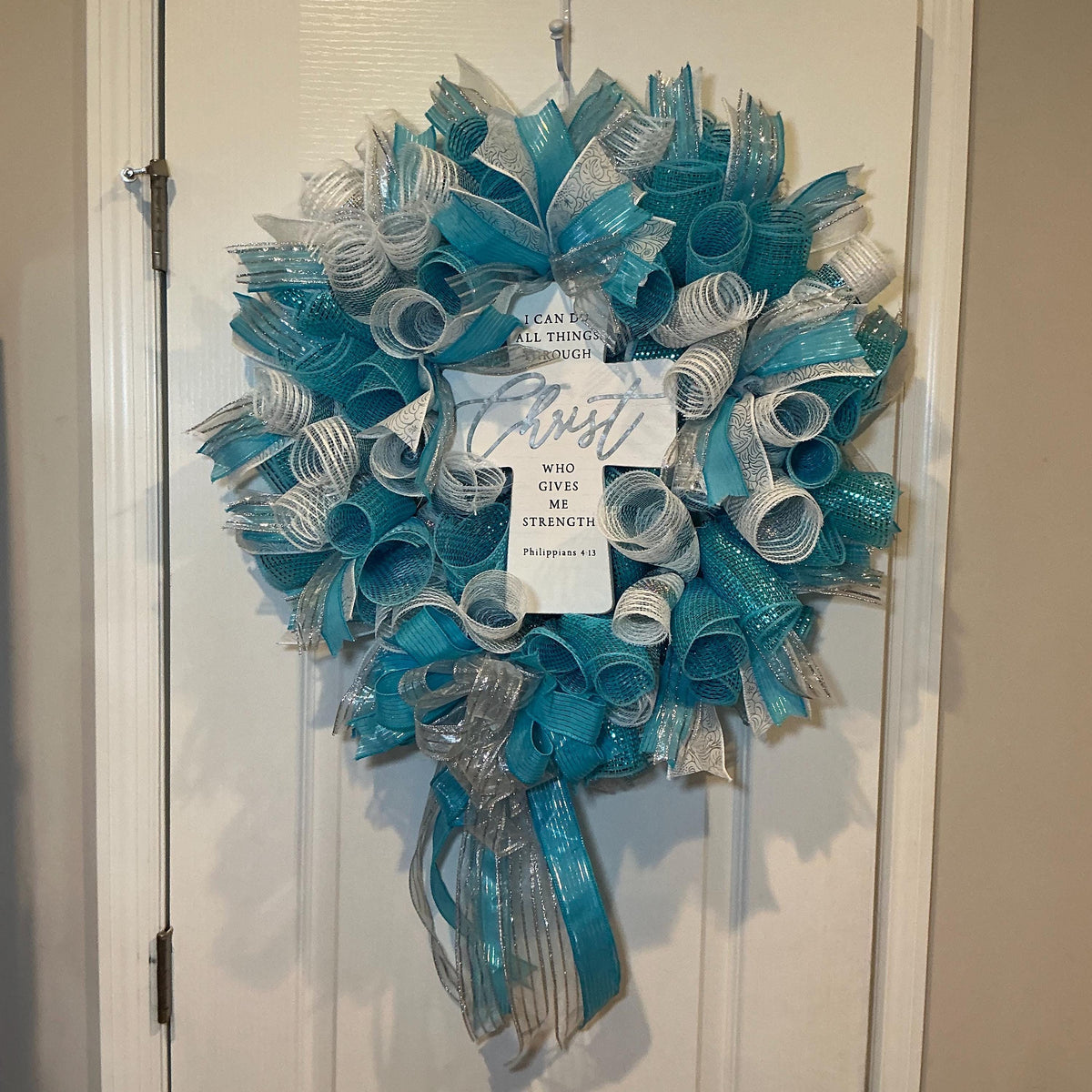 Philippians 4:13 Cross Wreath, Teal Silver Faith Scripture Decor, Christian Church Gift