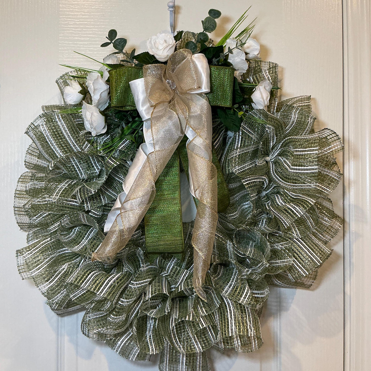 Sage Green Wreath with White Roses, Ivory Gold Bow, Farmhouse Decor