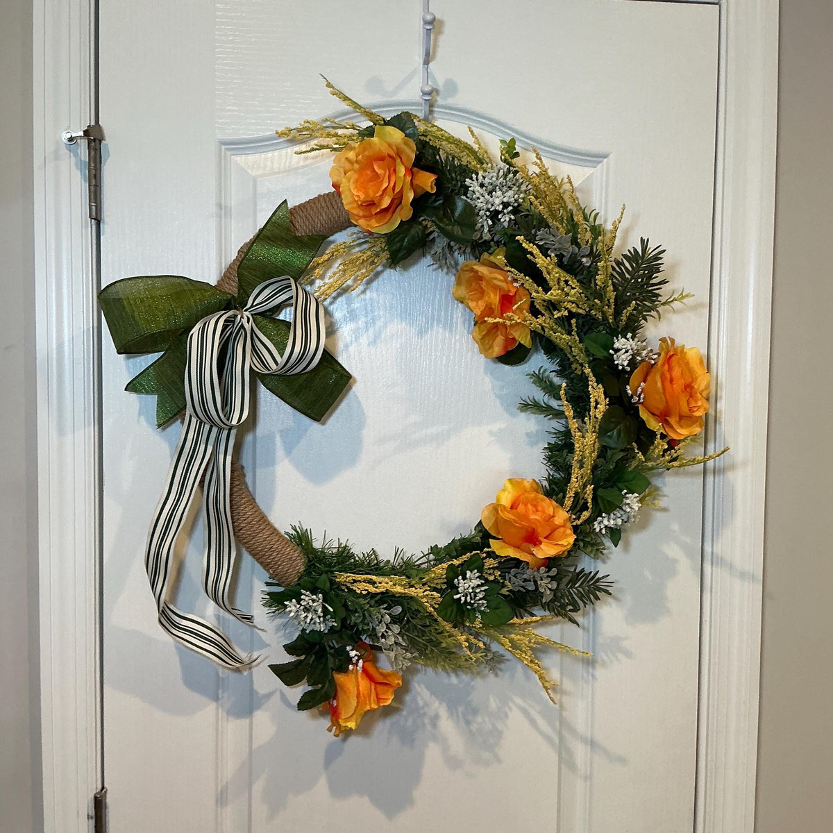 Farmhouse Spring Wreath, Orange Floral, Wheat Accent, Black White Bow
