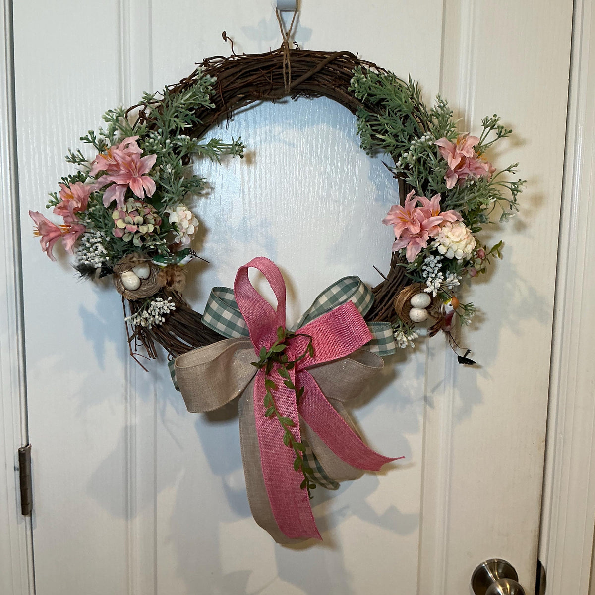 Hummingbird Grapevine Wreath with Bird Nest, Eggs, Pink Daisies and Hydrangea